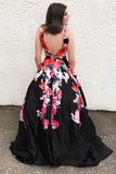 A Line Black V Neck Appliques Prom Dresses, Long Cheap Prom Gown PFP1457