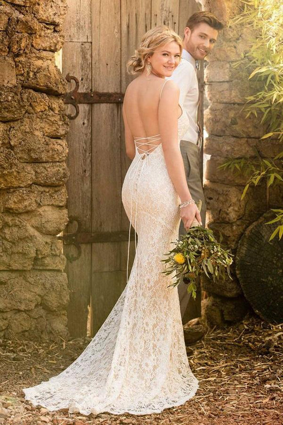 Mermaid Spaghetti Straps Backless Ivory Lace Wedding Dress PFW0325