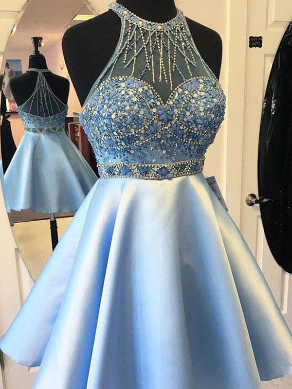 A-Line Blue Satin Sleeveless Beaded Short Homecoming Dresses PFH0022 Promfast A-Line Blue Satin Sleeveless Beaded Short Homecoming Dresses PFH0022 Promfast