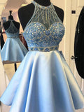 A-Line Blue Satin Sleeveless Beaded Short Homecoming Dresses PFH0022