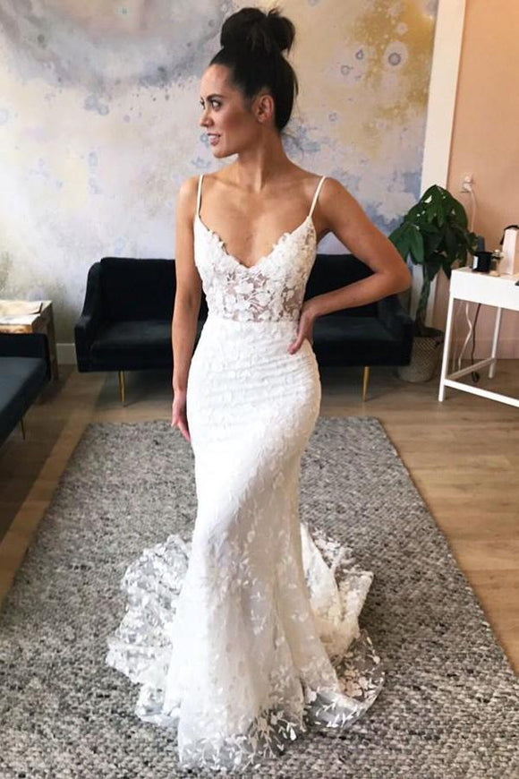 Mermaid Spaghetti Straps Lace Wedding Dress with Appliques PFW0329