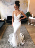 Mermaid Spaghetti Straps Lace Wedding Dress with Appliques PFW0329