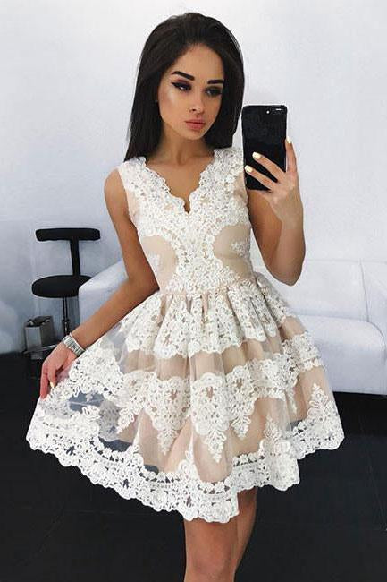 Off White Lace Short Prom Dress, Cute A Line Homecoming Dresses PFH0023