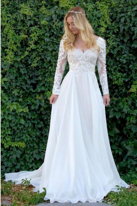 A-Line V-Neck Long Sleeves Wedding Dress with Lace Appliques PFW0336