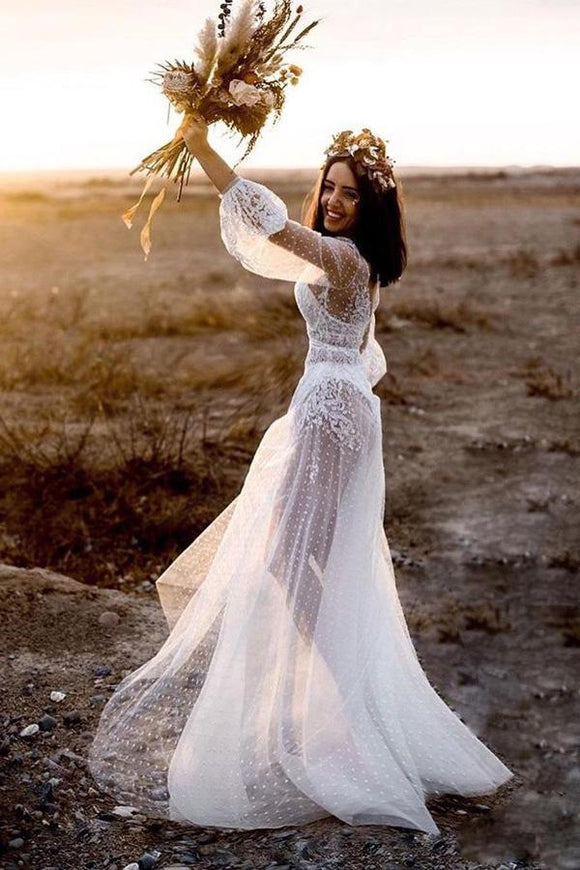 long sleeve wedding dress beach Sleeves A Line Dresses Tulle Lace Appliqued Bride W Hebebridal drawn picture A-Line V-Neck Long Sleeves Beach
