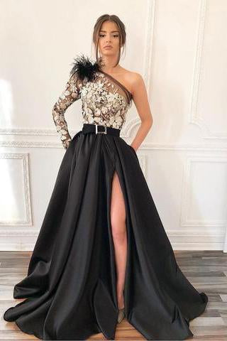 A-Line One-Shoulder Black Long Lace Appliqued Split Prom Dress with Pockets