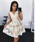Off White Lace Short Prom Dress, Cute A Line Homecoming Dresses PFH0023
