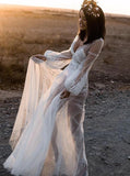 A-Line V-Neck Long Sleeves Beach Wedding Dress with Appliques PFW0337