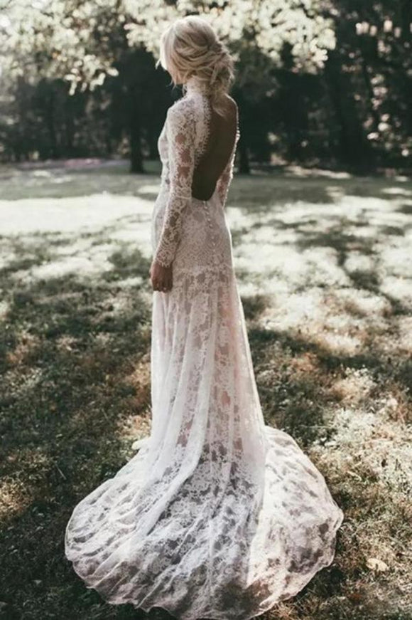 Mermaid High Neck Backless Long Sleeves Boho Lace Wedding Dress PFW033 Promfast Mermaid High Neck Backless Long Sleeves Boho Lace Wedding Dress PFW033 Promfast