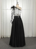 A-Line One-Shoulder Black Long Lace Appliqued Split Prom Dress with Pockets PFP0531