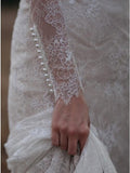 Mermaid Jewel Long Sleeves Lace Wedding Dress with Pearls PFW0341