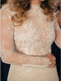 Mermaid Jewel Long Sleeves Lace Wedding Dress with Pearls PFW0341