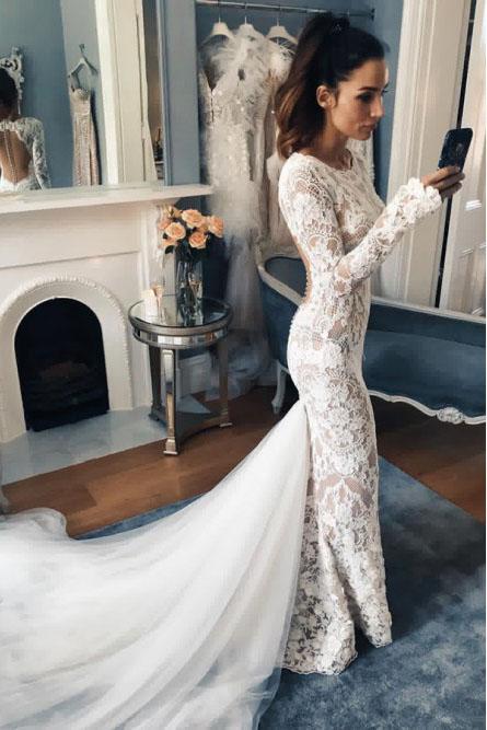 Mermaid Crew Long Sleeves Illusion Back Lace Wedding Dress PFW0342 Promfast Mermaid Crew Long Sleeves Illusion Back Lace Wedding Dress PFW0342 Promfast