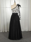 A-Line One-Shoulder Black Long Lace Appliqued Split Prom Dress with Pockets PFP0531