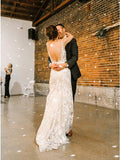Sheath V-Neck Backless White Lace Boho Wedding Dress Bridal Gown PFW0344