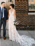 Sheath V-Neck Backless White Lace Boho Wedding Dress Bridal Gown PFW0344