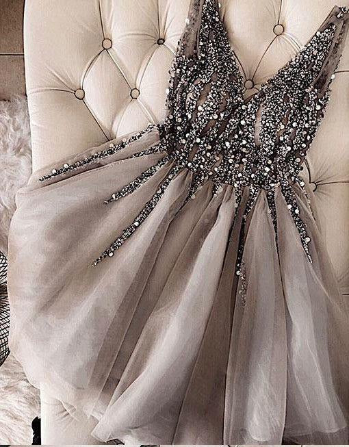 Gray Sequin Homecoming Dress | Beaded V-Neck Short Tulle