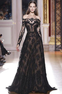 Romantic Long Sleeves Off the Shoulder Lace Appliques A Line Black Prom Dresses PFP0014