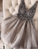 Luxurious Sequins Beaded V-neck Tulle Short Gray Homecoming Dresses PFH0003