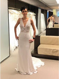 Mermaid V-Neck Backless Court Train Ivory Wedding Dress with Lace PFW0347