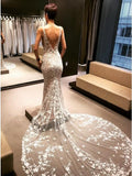 Mermaid V-Neck Backless Court Train Wedding Dress with Lace Appliques PFW0348
