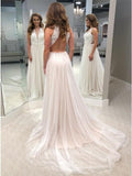 A-Line V-Neck Open Back Tulle Wedding Dress with Lace Bodice PFW0349