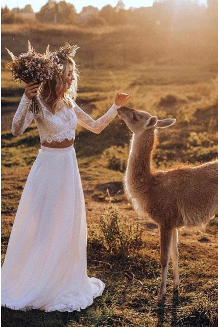 Two Piece Crew Long Sleeves White Chiffon Boho Wedding Dress with Lace Promfast Two Piece Crew Long Sleeves White Chiffon Boho Wedding Dress with Lace Promfast