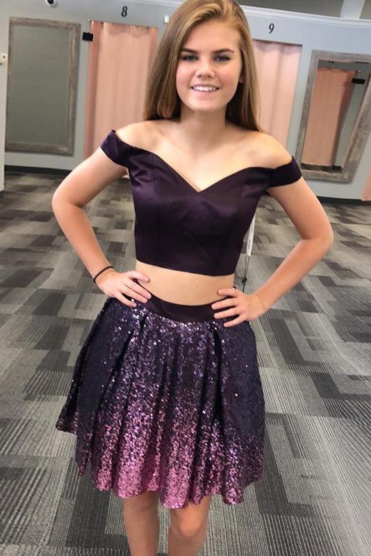 Two Piece Off the Shoulder Grape Sequined Short Homecoming Dress PFH00 Promfast Two Piece Off the Shoulder Grape Sequined Short Homecoming Dress PFH00 Promfast