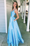 A-Line V-Neck Light Blue Spaghetti Straps Prom Dress with Pockets PFP0532