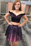 Two Piece Off the Shoulder Grape Sequined Short Homecoming Dress PFH0026