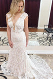 Mermaid Deep V-Neck Cap Sleeves Lace Elegant Wedding Dress PFW0354