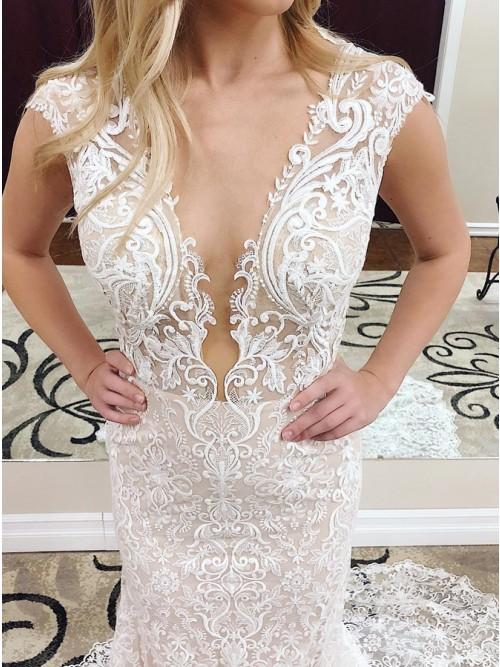 Mermaid Deep V-Neck Cap Sleeves Lace Elegant Wedding Dress PFW0354 –  Promfast