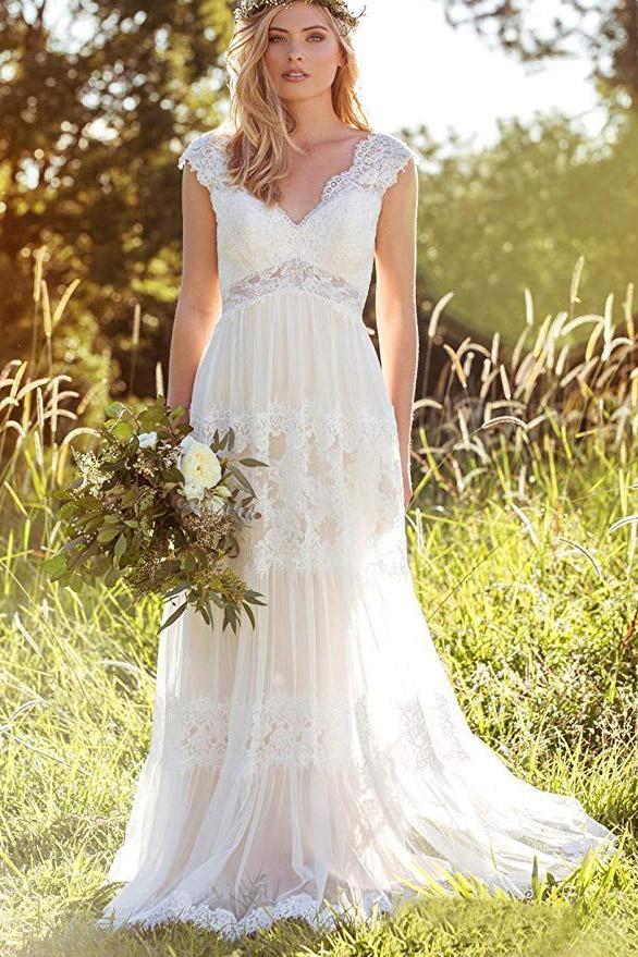 beach dress crochet pattern free Bohemian A Line V Neck Lace Bridal Gown Simple Beach Wedding Dresses P –  Promfast