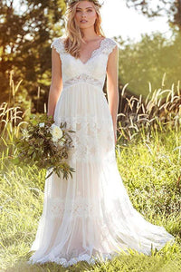 Bohemian A Line V Neck Lace Bridal Gown Simple Beach Wedding Dresses PFW0357