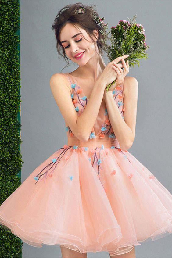 Peach Short A Line Lace Up Back Homecoming Dress With Flowers PFH0028 Promfast Peach Short A Line Lace Up Back Homecoming Dress With Flowers PFH0028 Promfast