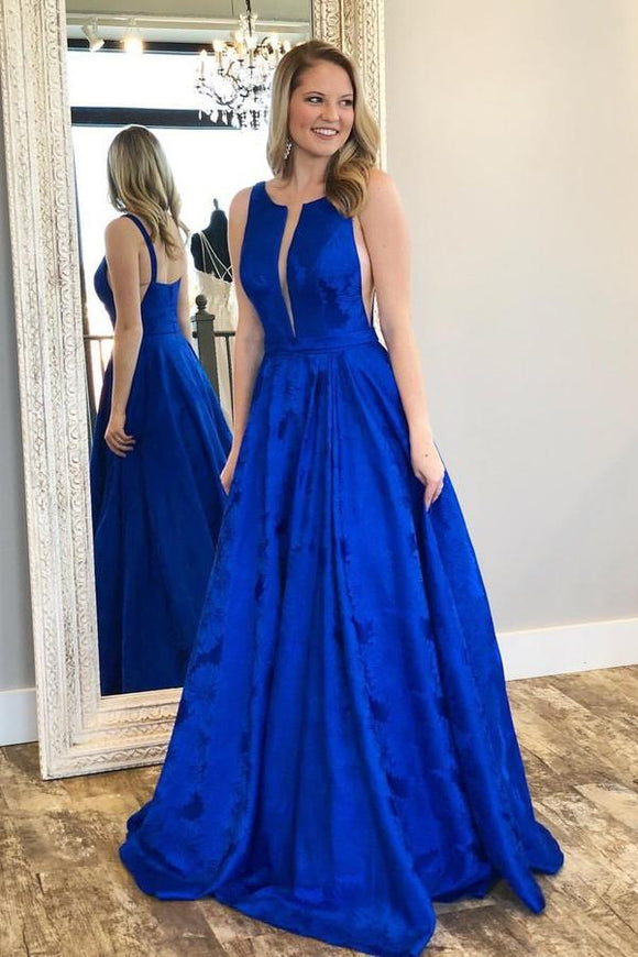 Charming A-Line Crew Floor-Length Royal Blue Printed Satin Prom Dresses