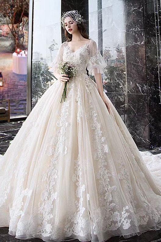 Charming Half Sleeves Ball Gown Wedding Dresses, Appliques V Neck Bridal Dress PFW0360