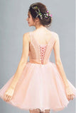 Peach Short A Line Lace Up Back Homecoming Dress With Flowers PFH0028