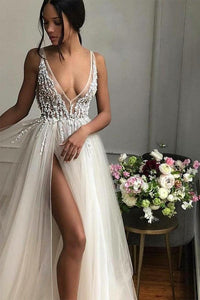 Sexy A-Line V-Neck Floor Length Ivory Prom Dress with Beading Split