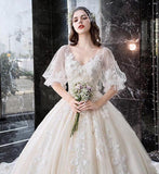 Charming Half Sleeves Ball Gown Wedding Dresses, Appliques V Neck Bridal Dress PFW0360