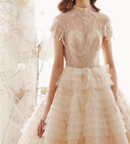 Princess High Neck Ball Gown Wedding Dresses, Short Sleeves Bridal Dress PFW0361