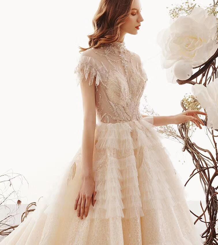 Princess High Neck Ball Gown Wedding Dresses, Short Sleeves Bridal Dre Promfast Princess High Neck Ball Gown Wedding Dresses, Short Sleeves Bridal Dre Promfast