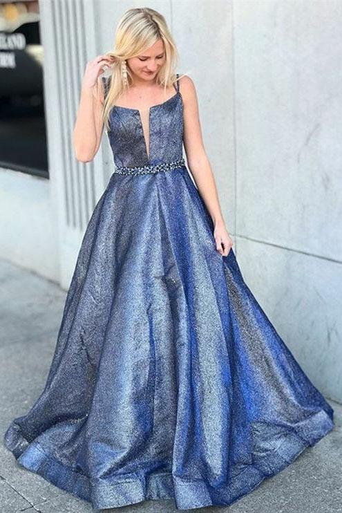 A-Line Square Criss-Cross Straps Blue Satin Prom Dress with Beading PFP0046