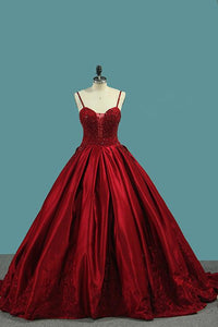 Burgundy Spaghetti Straps Beading Prom Dresses, Princess Ball Gown