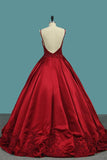 Burgundy Spaghetti Straps Beading Prom Dresses, Princess Ball Gown PFP0535