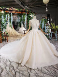 Off White High Neck Ball Gown Wedding Dresses, Open Back Beaded Wedding Gown PFW0364