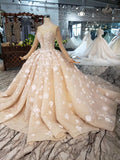 Princess Long Sleeves Ball Gown Wedding Dresses, Floral Appliques Wedding Gown PFW0365