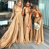 V Neck Split Cheap Long Sexy Bridesmaid Dresses Wedding Guest Dress PFB0099