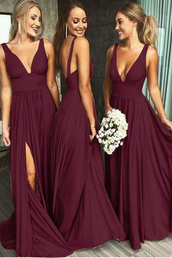 Burgundy A Line Deep V Neck Cheap Bridesmaid Dresses For Wedding PFB0100