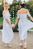 A-Line Off-the-Shoulder Short Sleeve Pleated Chiffon Bridesmaid Dress with Lace PFB0101